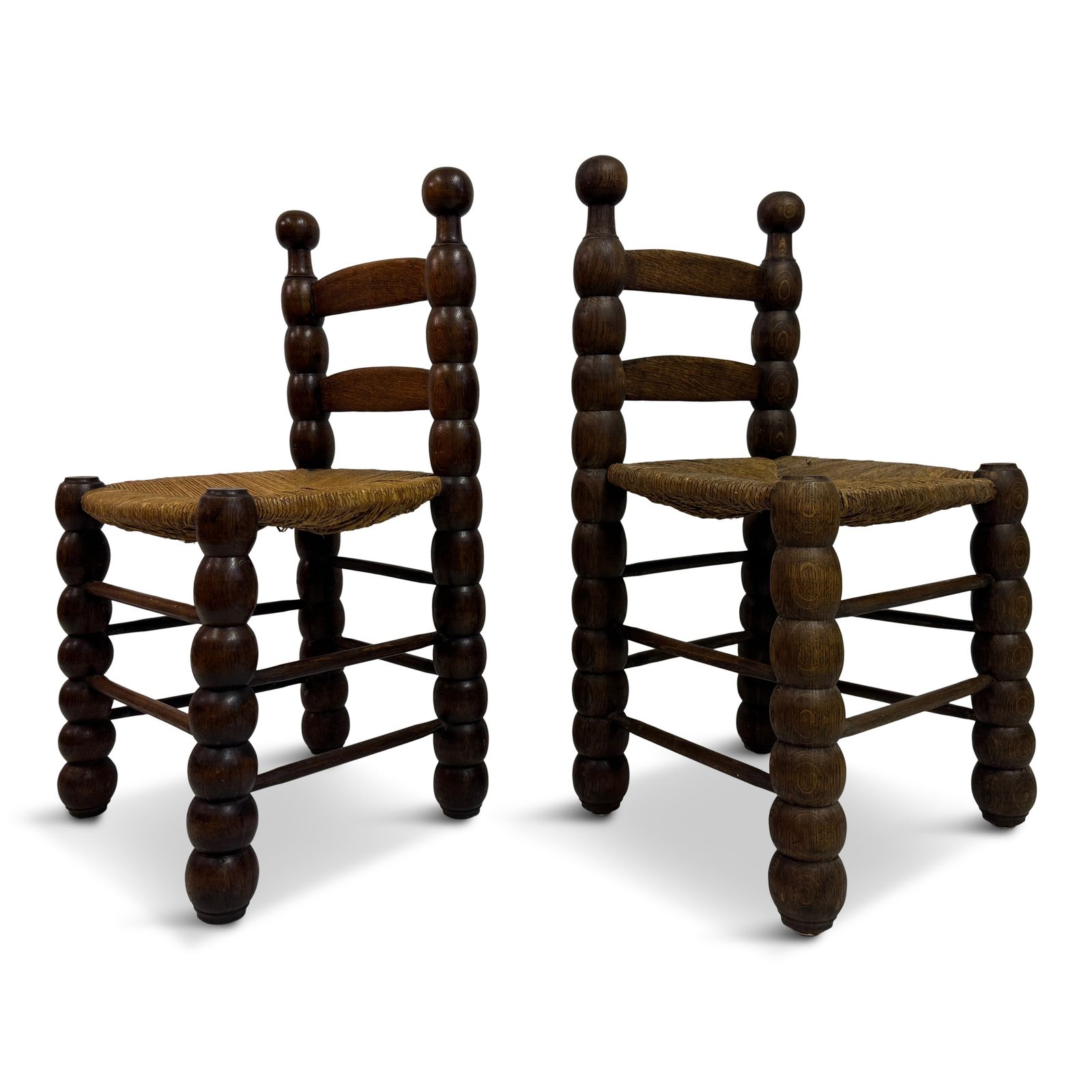 Pair Of French Turned Wood Chairs With Rush Seats, In The Style Of Charles Dudouyt, 1940s