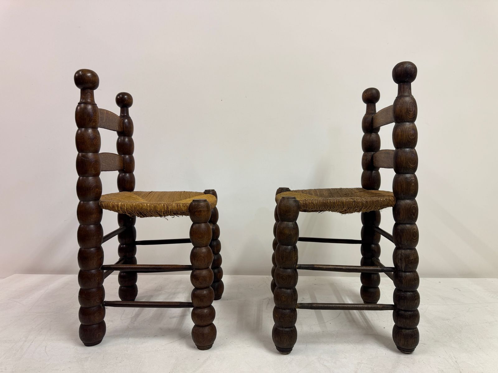 Pair Of French Turned Wood Chairs With Rush Seats, In The Style Of Charles Dudouyt, 1940s photo Furniture