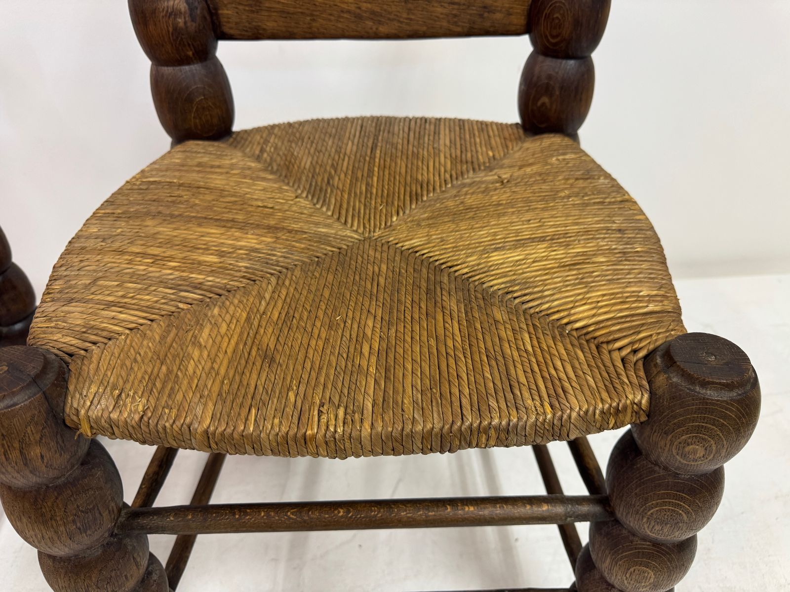 Pair Of French Turned Wood Chairs With Rush Seats, In The Style Of Charles Dudouyt, 1940s photo vinterior