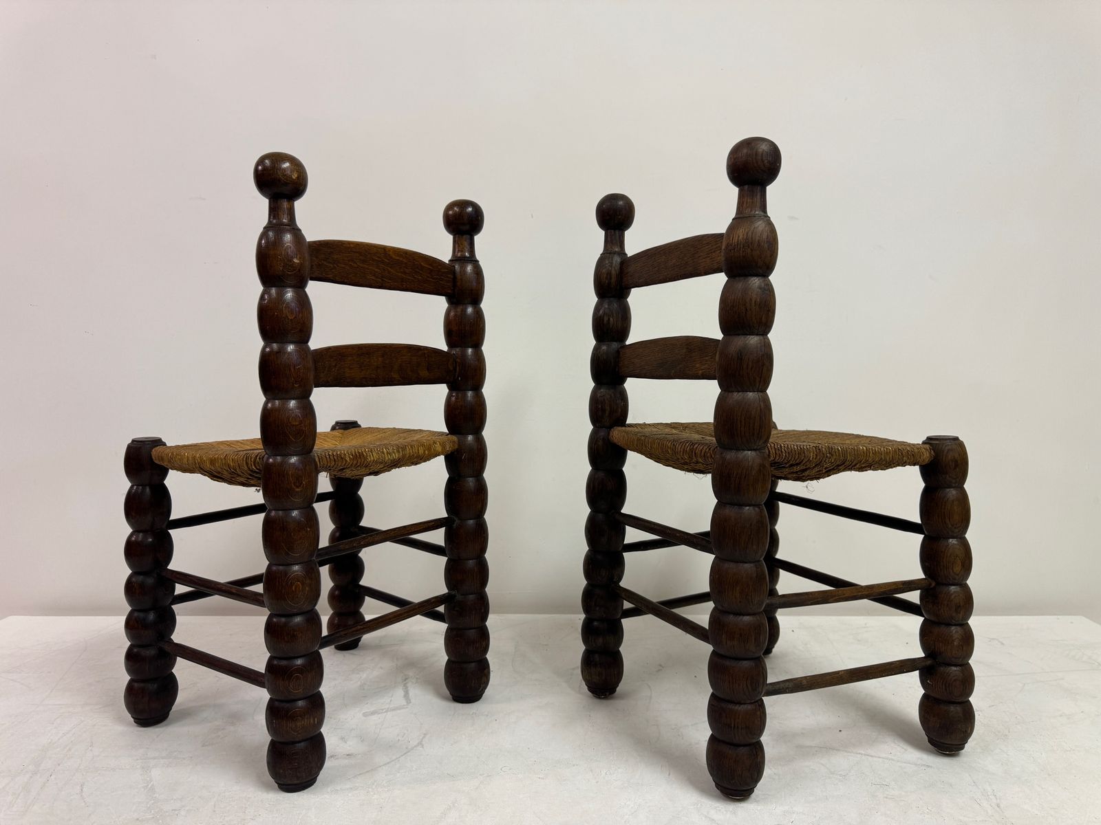 Pair Of French Turned Wood Chairs With Rush Seats, In The Style Of Charles Dudouyt, 1940s photo vintage