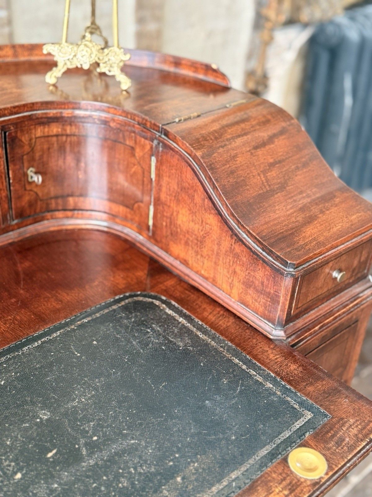 photo for sale Fine Quality English Antique Mahogany Carlton House Curved Writing Desk C 1860