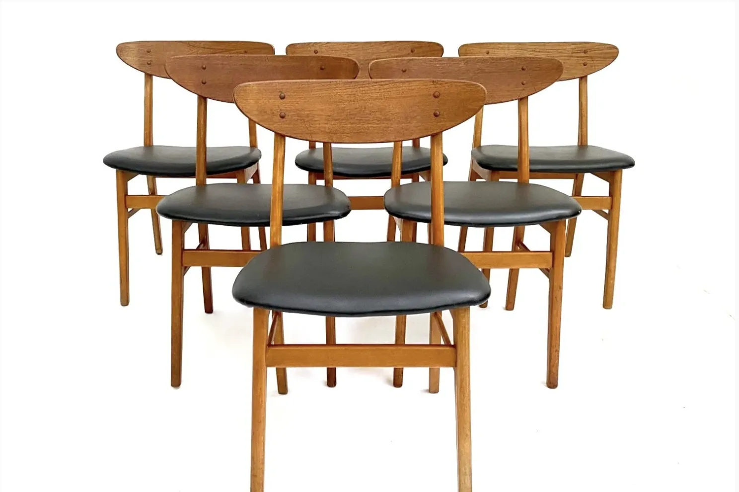 Danish Farstrup Model 210 Set Of 6 Teak And Black Vinyl Dining Chairs Mid Century 1960s