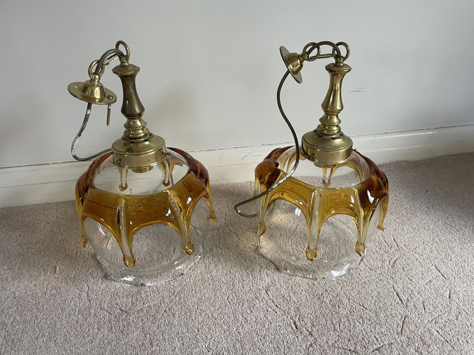 photo for sale Murano Glass Vintage Ceiling Light Shades And Brass Ceiling Fittings (X2)