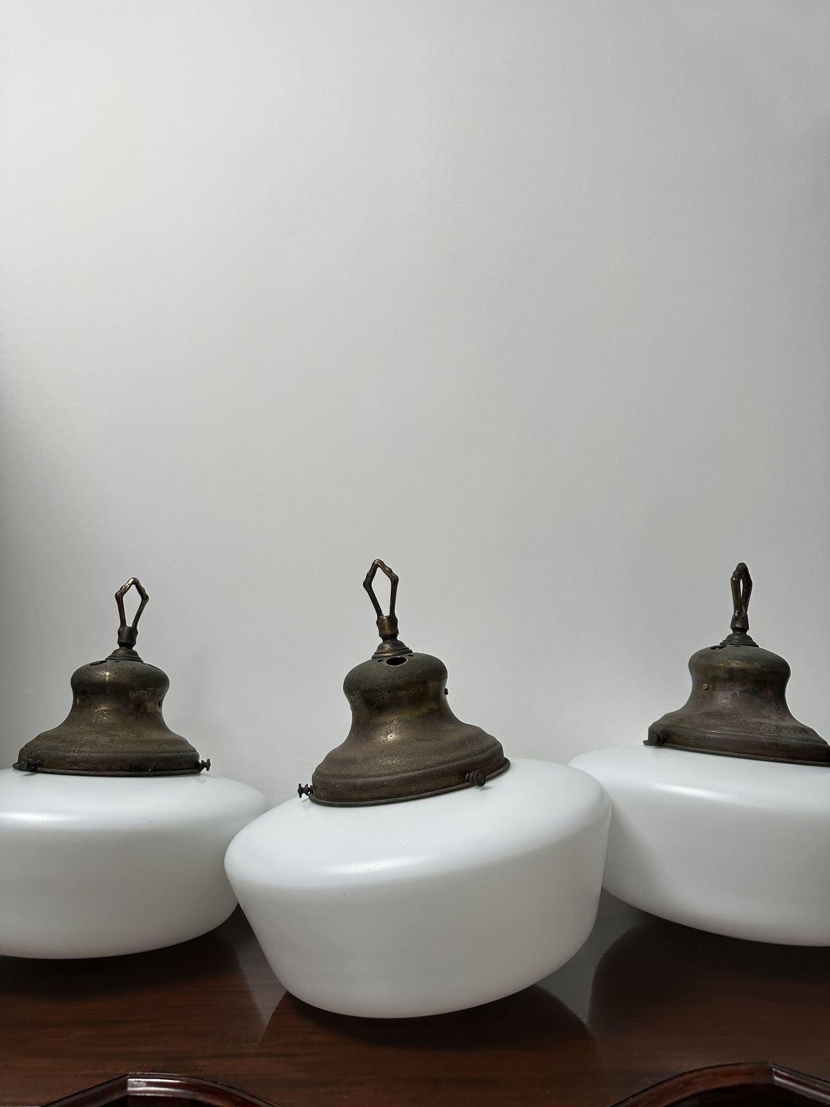 photo for sale Set Run Xl Antique Church Opaline Milk White Glass Brass Ceiling Pendant Light Lamp