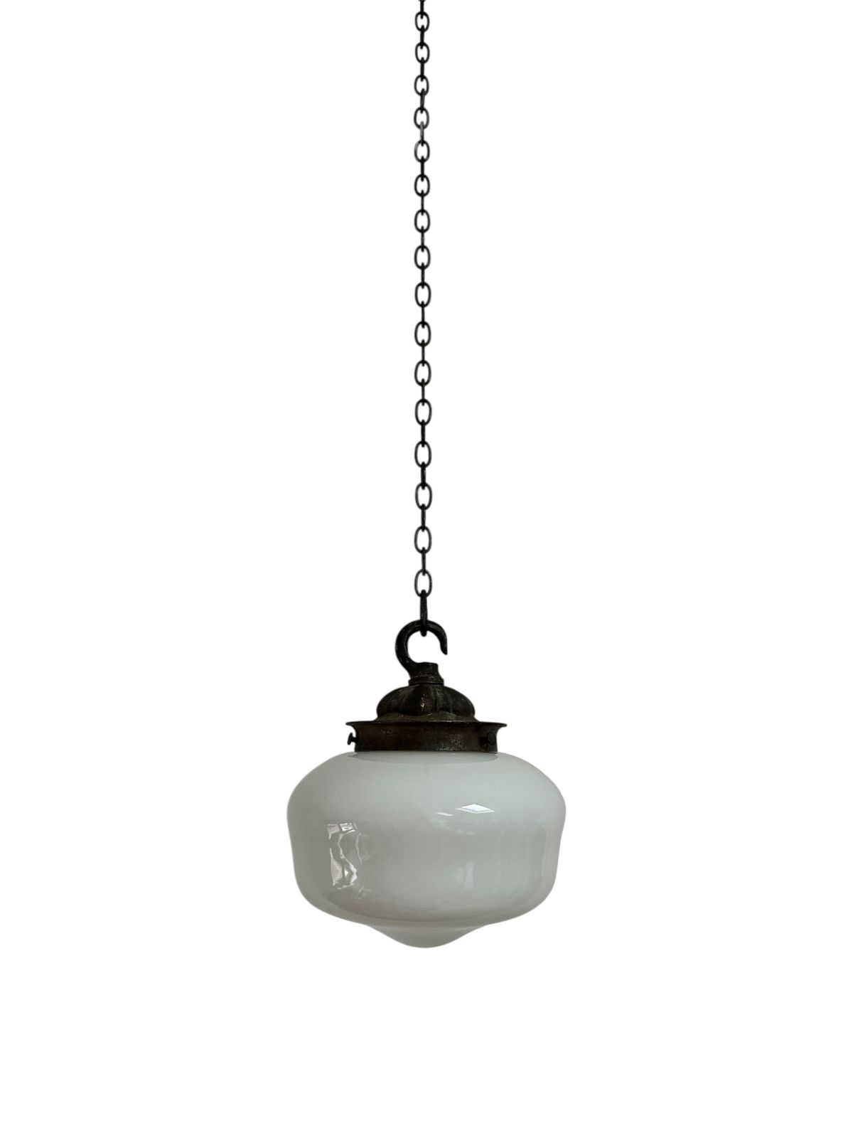 Small Petite Antique English Opaline Milk Glass Brass Ceiling Pendant Light Lamp