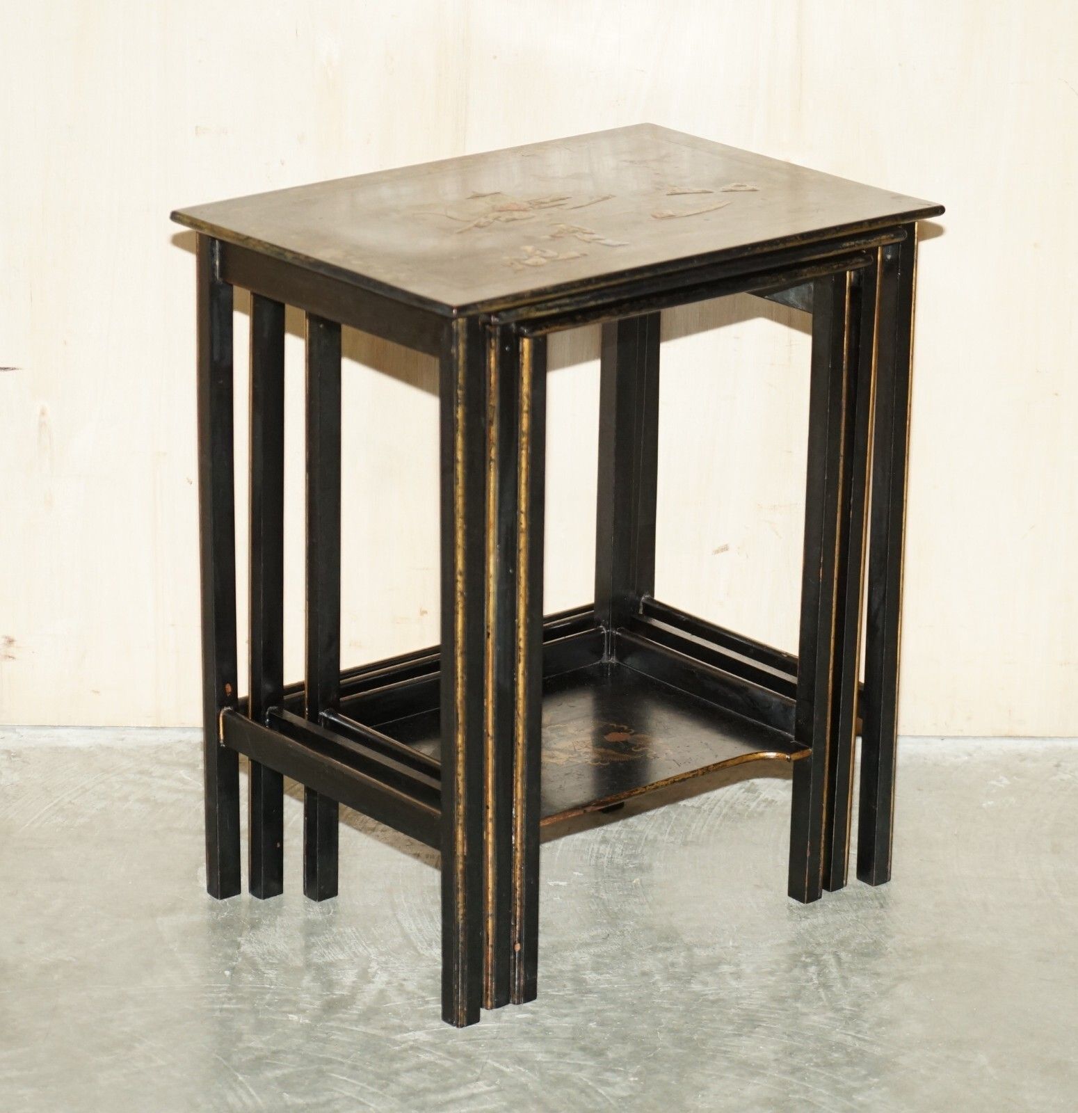 Nest Of Three Circa 1900 Chinese Chinoiserie Lacqurered Side Tables Hand Painted photo furniture