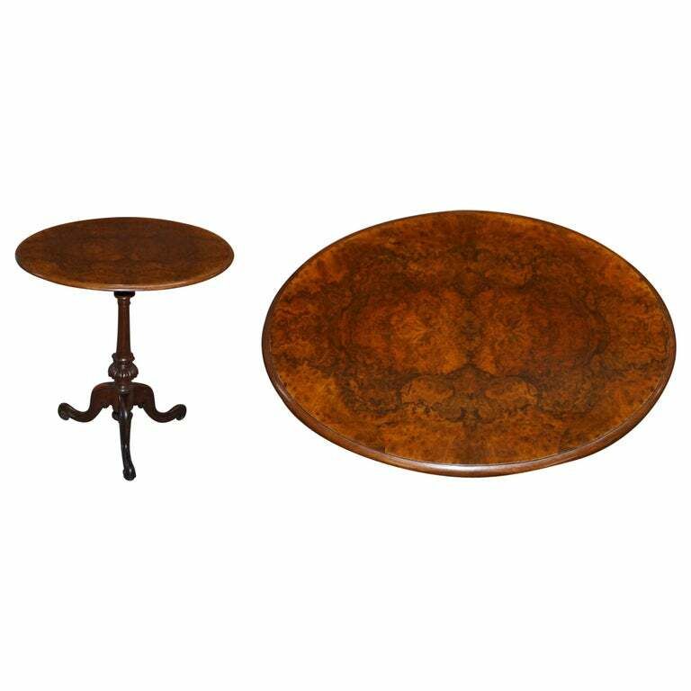 Victorian Burr Quarter Cut Walnut Oval Side End Lamp Tripod Table Ornately Carve
