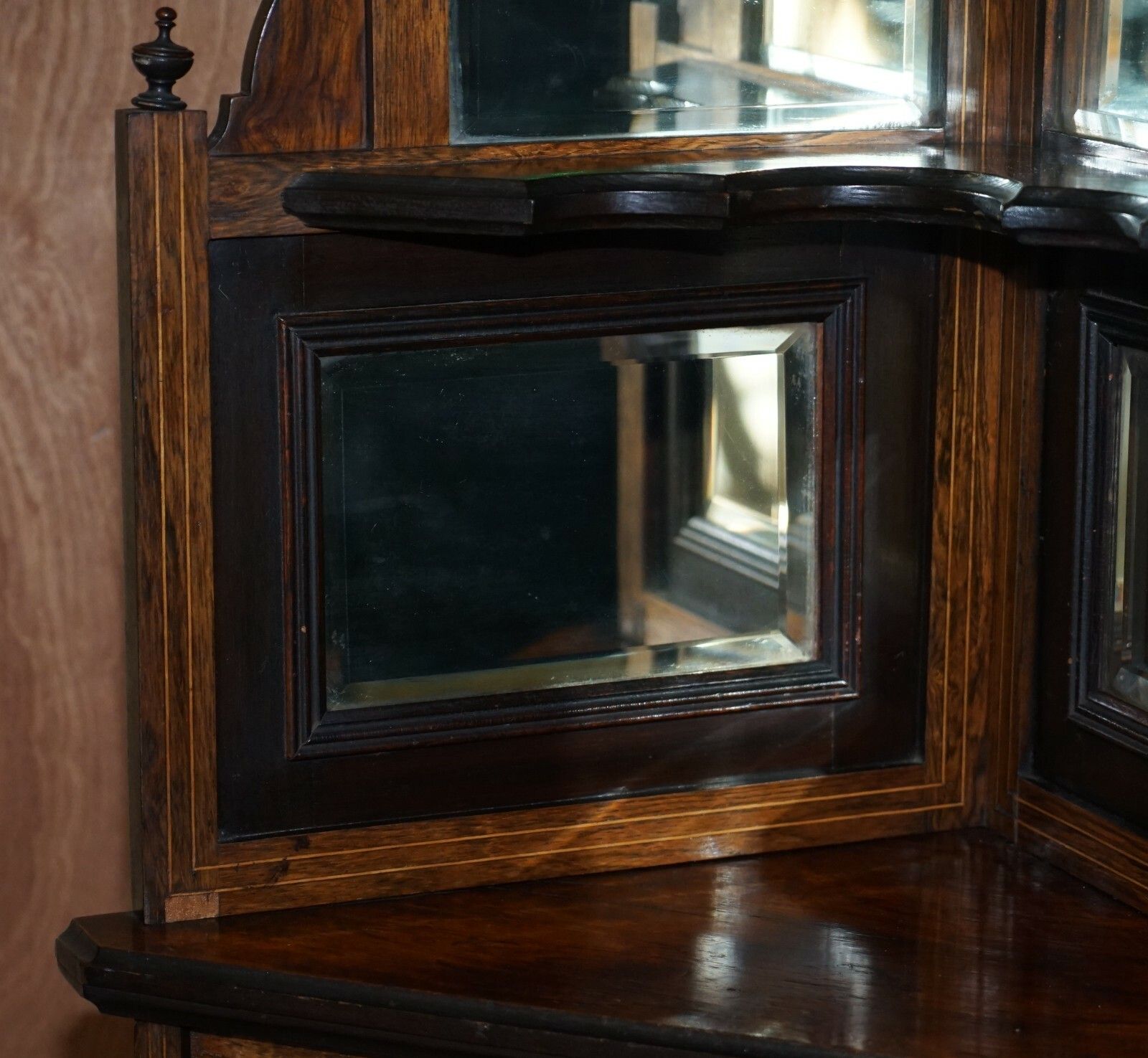Antique Italian Circa 1880 Rosewood, Boxwood Inlay Mirrored Back Corner Cabinet photo vinterior