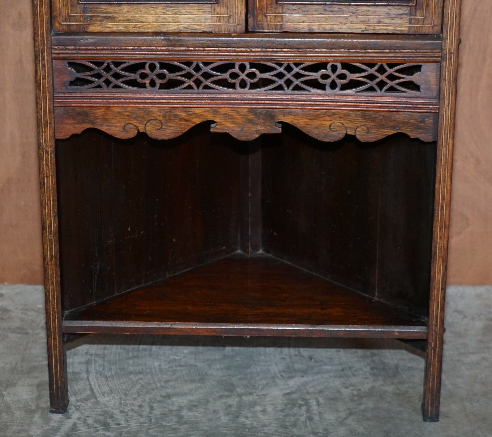 photo for sale Antique Italian Circa 1880 Rosewood, Boxwood Inlay Mirrored Back Corner Cabinet