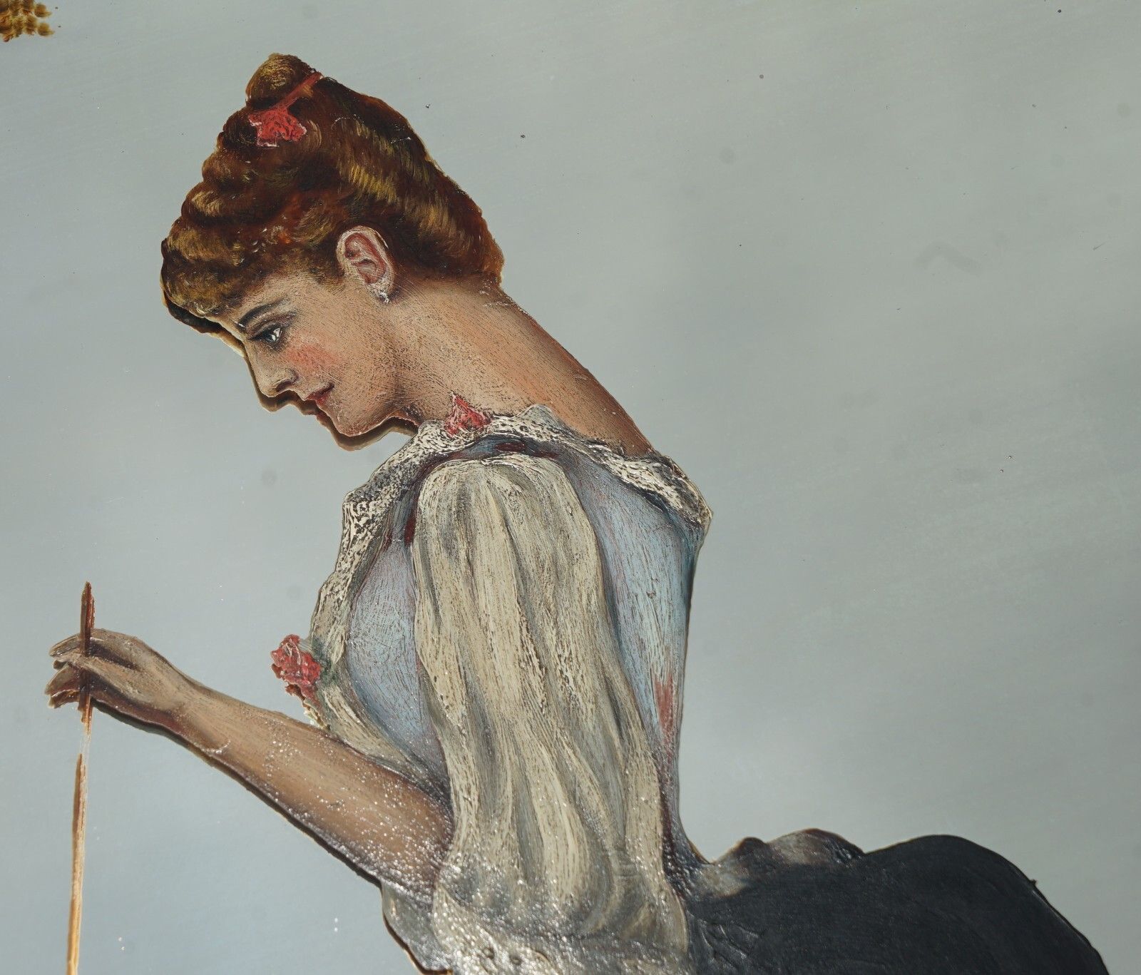 Antique Victorian Hand Painted Wall Hanging Mirror Depicting Elegant Lady photo vinterior