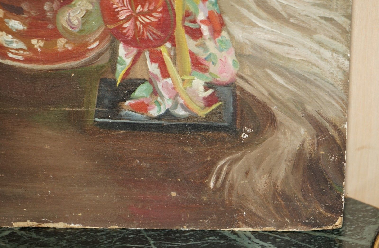Vintage Chinese Oil Painting Of A Beautiful Vase & Ghasia Girl Statue photo 950.0