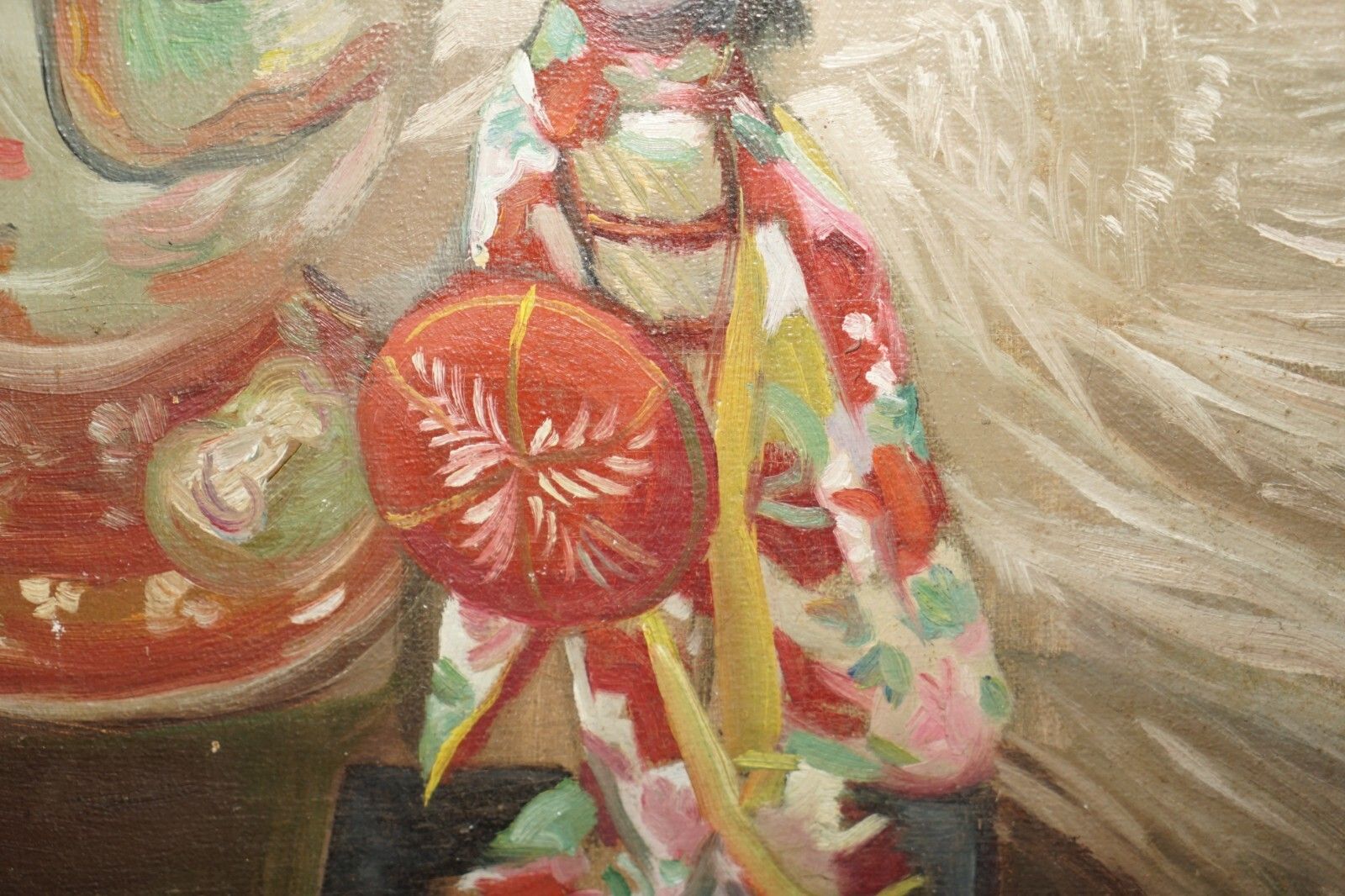 Art Vintage Chinese Oil Painting Of A Beautiful Vase & Ghasia Girl Statue photo