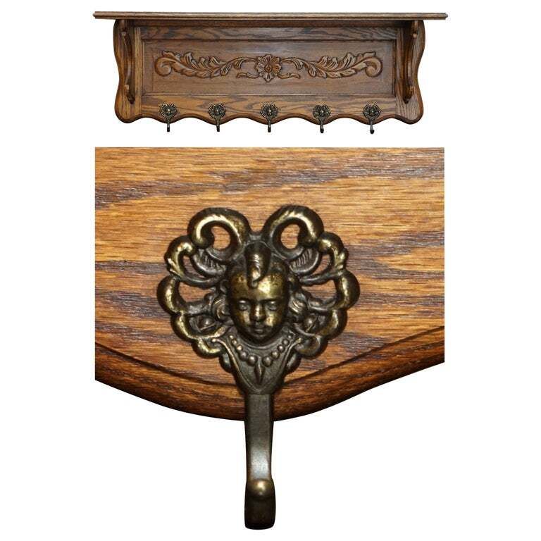 Antique Dutch Heavily Carved Oak Coat Hat Scarf Wall Rack Hanger Royal Hooks