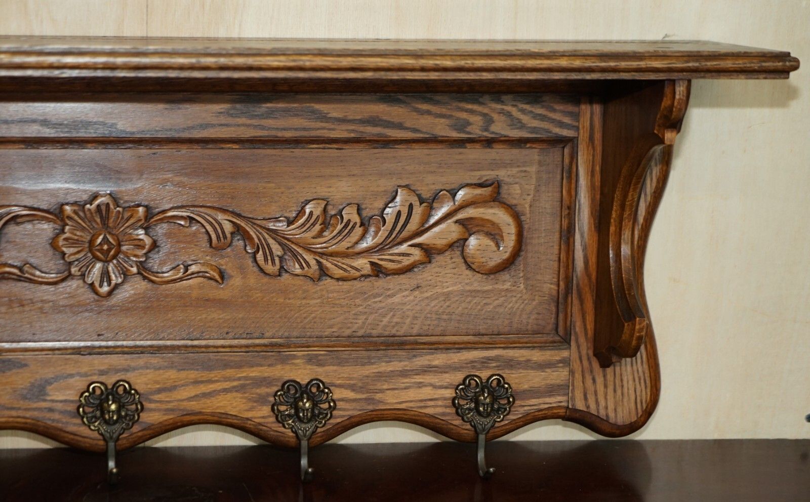 Antique Dutch Heavily Carved Oak Coat Hat Scarf Wall Rack Hanger Royal Hooks photo 1027.0