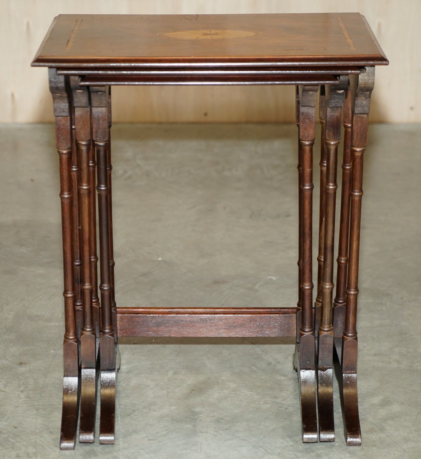 Lovely Vintage Sheraton Revival Famboo Nest Of Tables In Mahogany & Satinwood photo vinterior