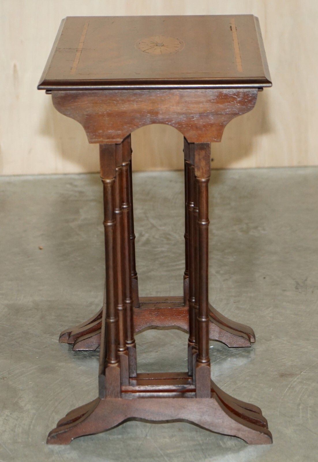 Lovely Vintage Sheraton Revival Famboo Nest Of Tables In Mahogany & Satinwood photo buy