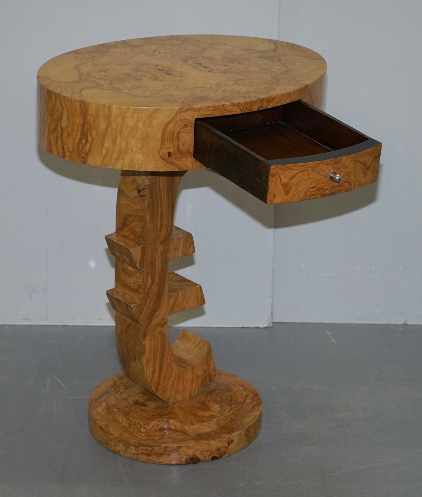 Furniture Lovely Art Deco Style Burr Walut Side End Lamp Table With Euro Sign Base photo