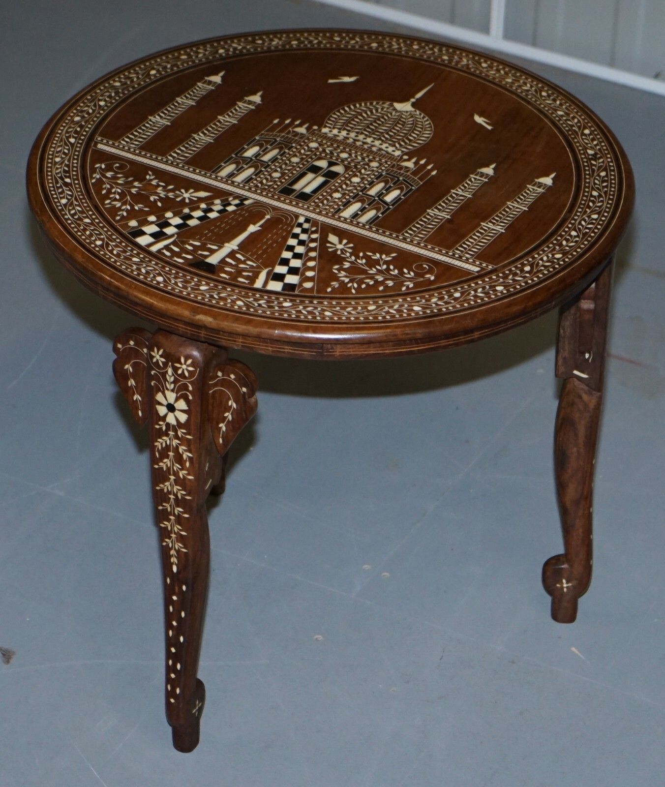 Rare Anglo Indian Export Taj Mahal Elephant Rosewood Inlaid Side Lamp Wine Table photo furniture