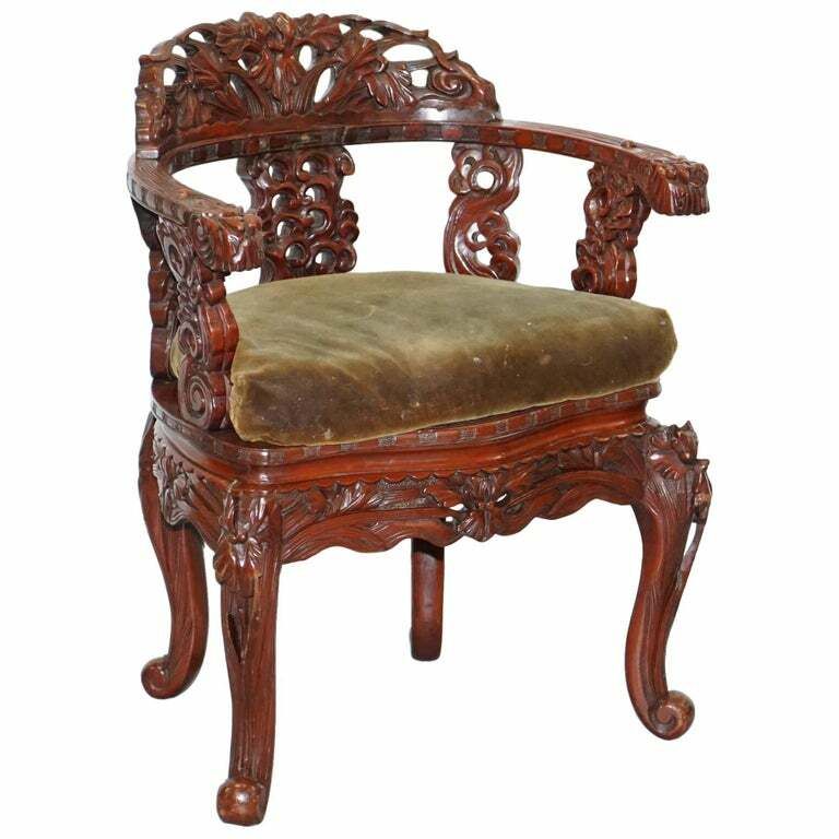 Vintage Chinese Red Lacquered Carved Elm Armchair With Heavy Foliage Detailing
