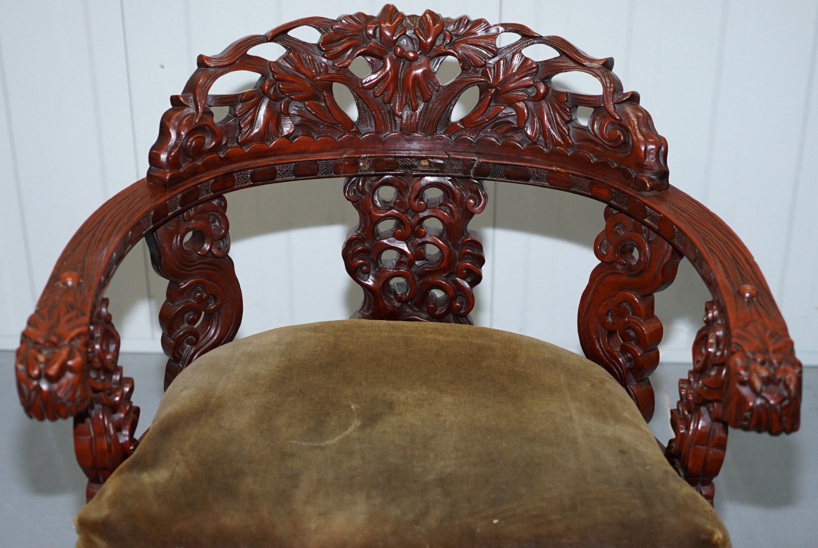 Vintage Chinese Red Lacquered Carved Elm Armchair With Heavy Foliage Detailing photo 950.0
