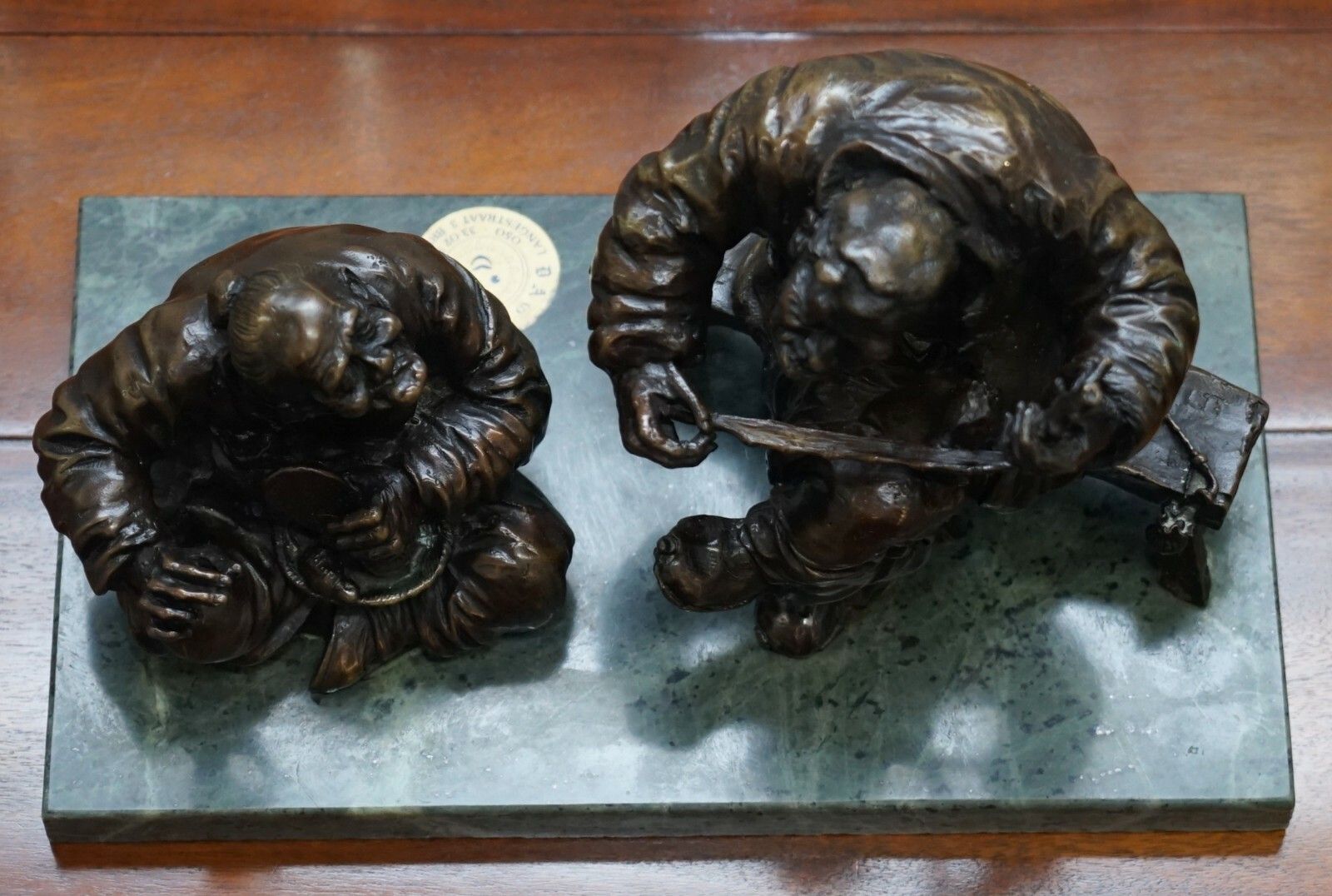 Signed Antique Chinese Bronze Statue Of Two Men One A Solid Green Marble Base photo buy