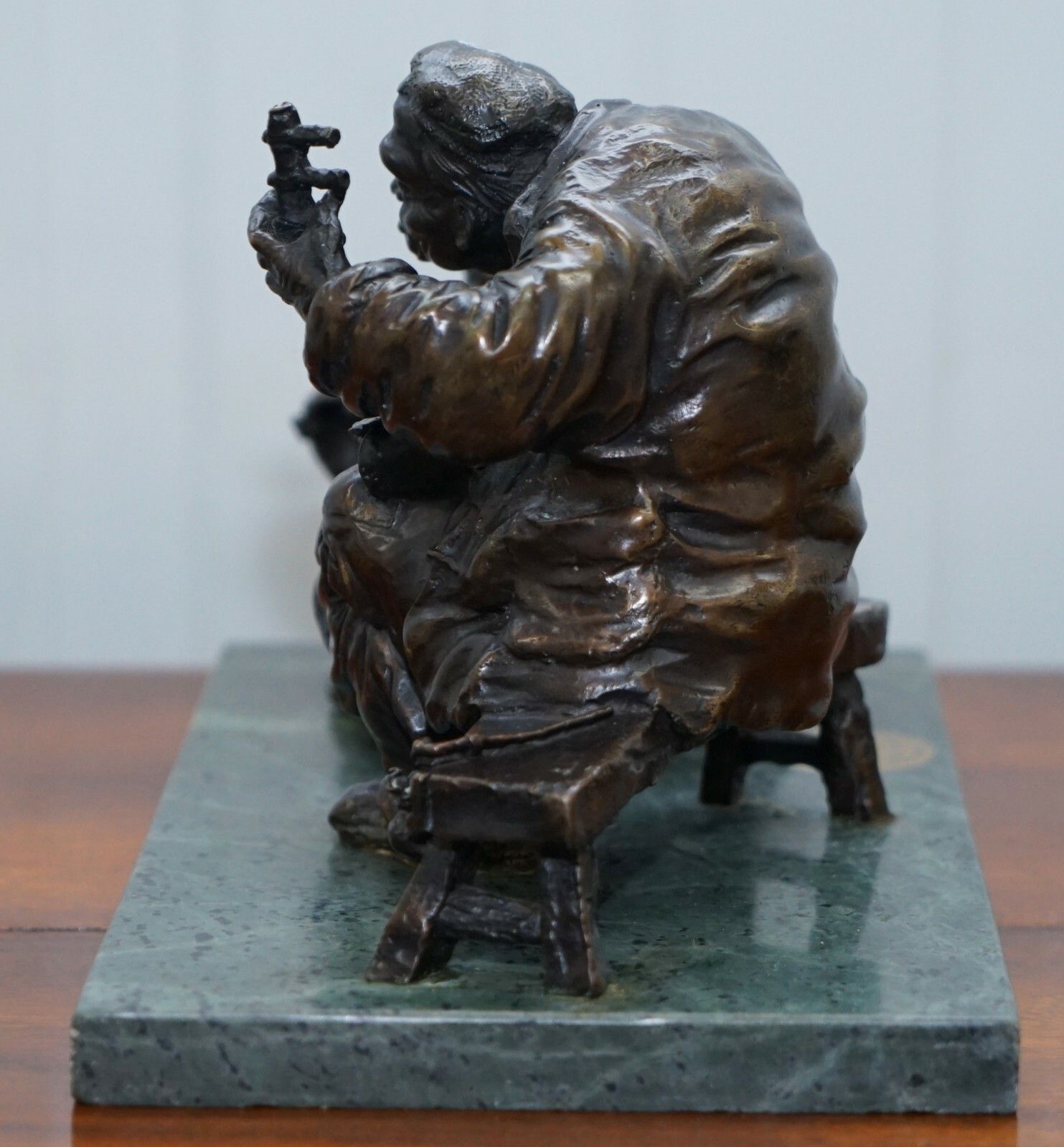 Signed Antique Chinese Bronze Statue Of Two Men One A Solid Green Marble Base photo vintage