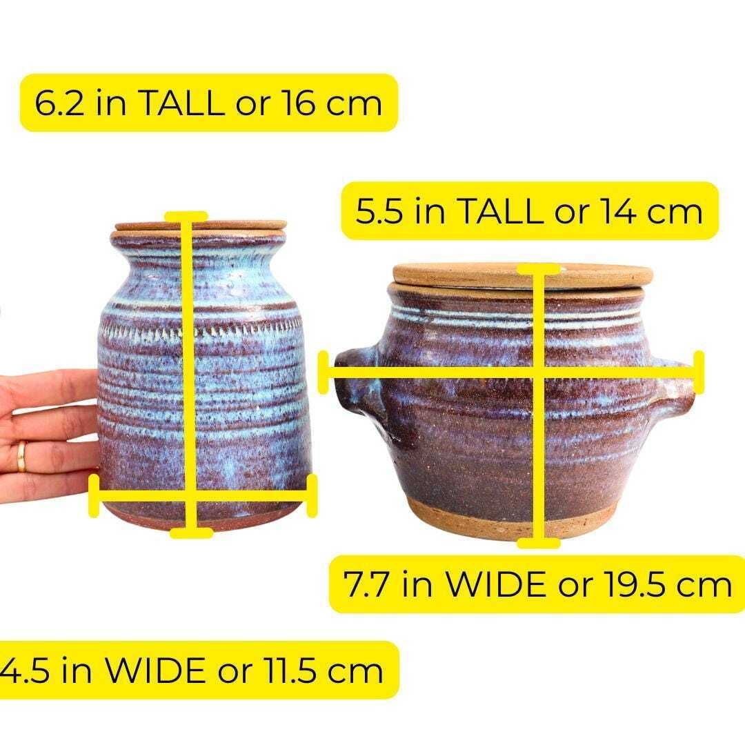 Two Rustic Studio Pottery Lidded Jars Blue Purple Brown Glaze, Rustic Kitchen Storage photo for sale