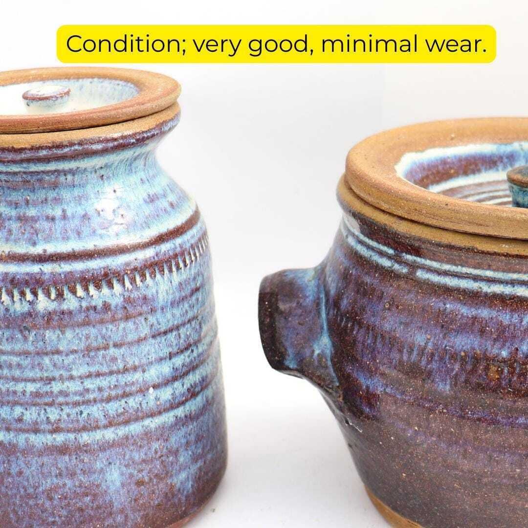 Two Rustic Studio Pottery Lidded Jars Blue Purple Brown Glaze, Rustic Kitchen Storage photo vinterior