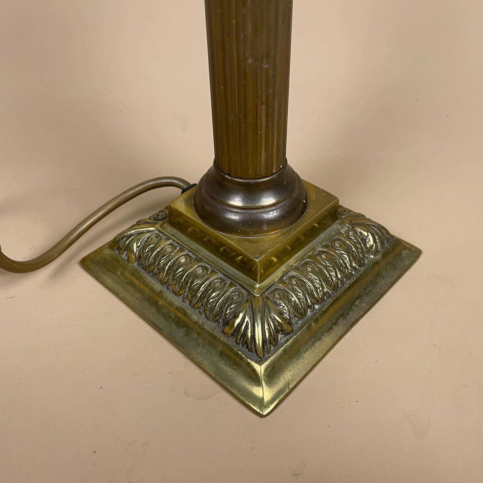 Antique Vintage Metal Gold Brass Lamp Light Bedside Side Table Desk Column Pillar Ornate Lamps Square Base Cottage Classic Old Patterned photo Lighting