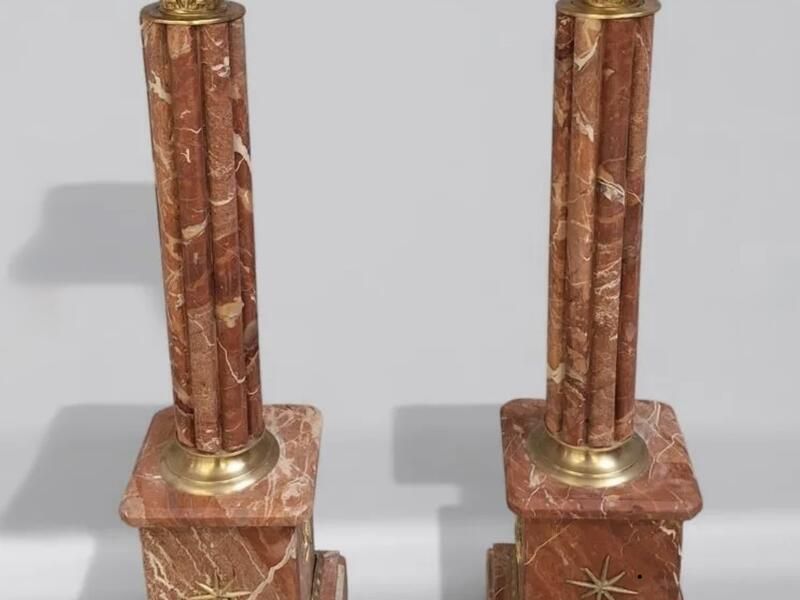 Paire De Sellettes   Colonnes De Présentation En Marbre Rose Et Bronze