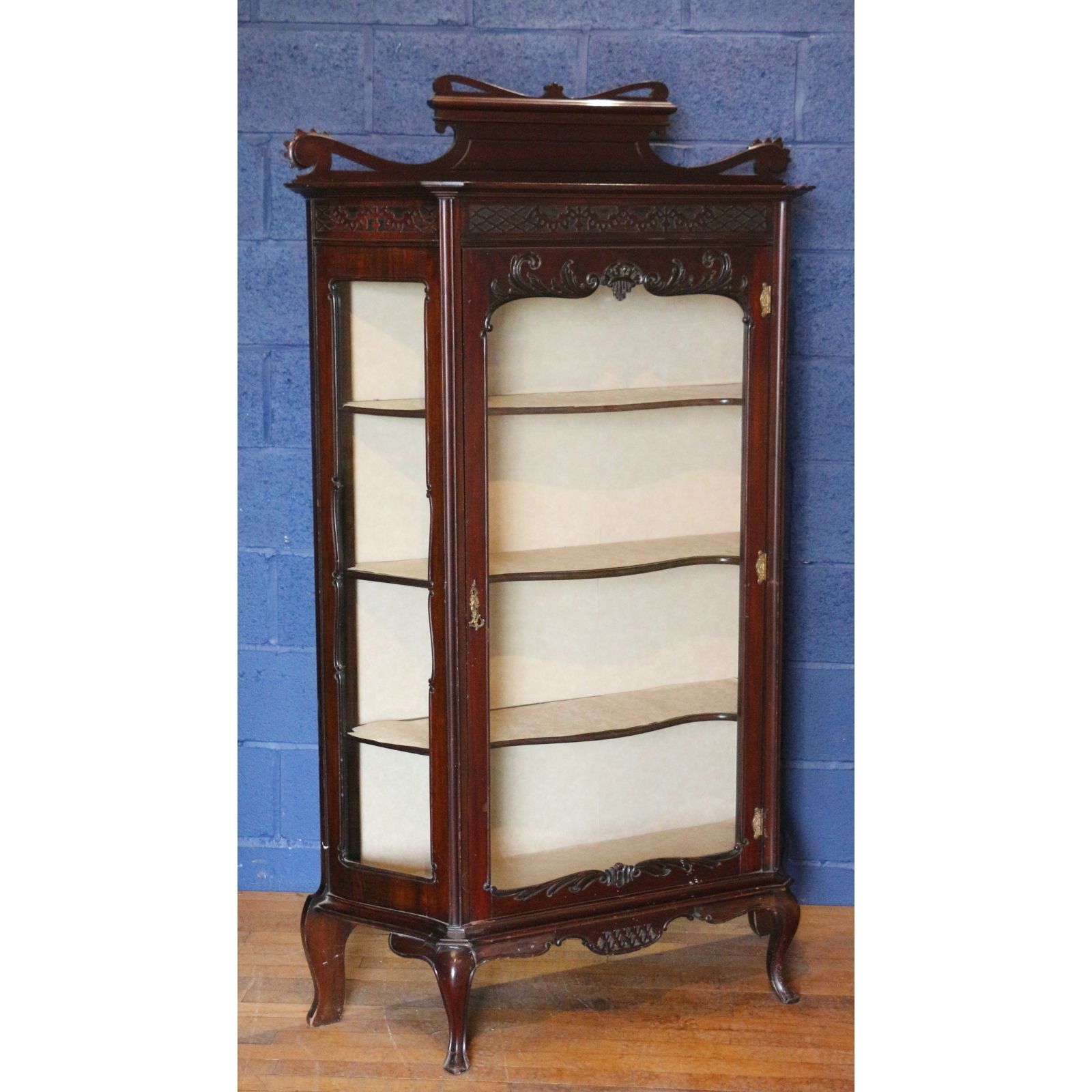 A Quality Victorian Carved Mahogany Display Cabinet Raised On Cabriole Supports