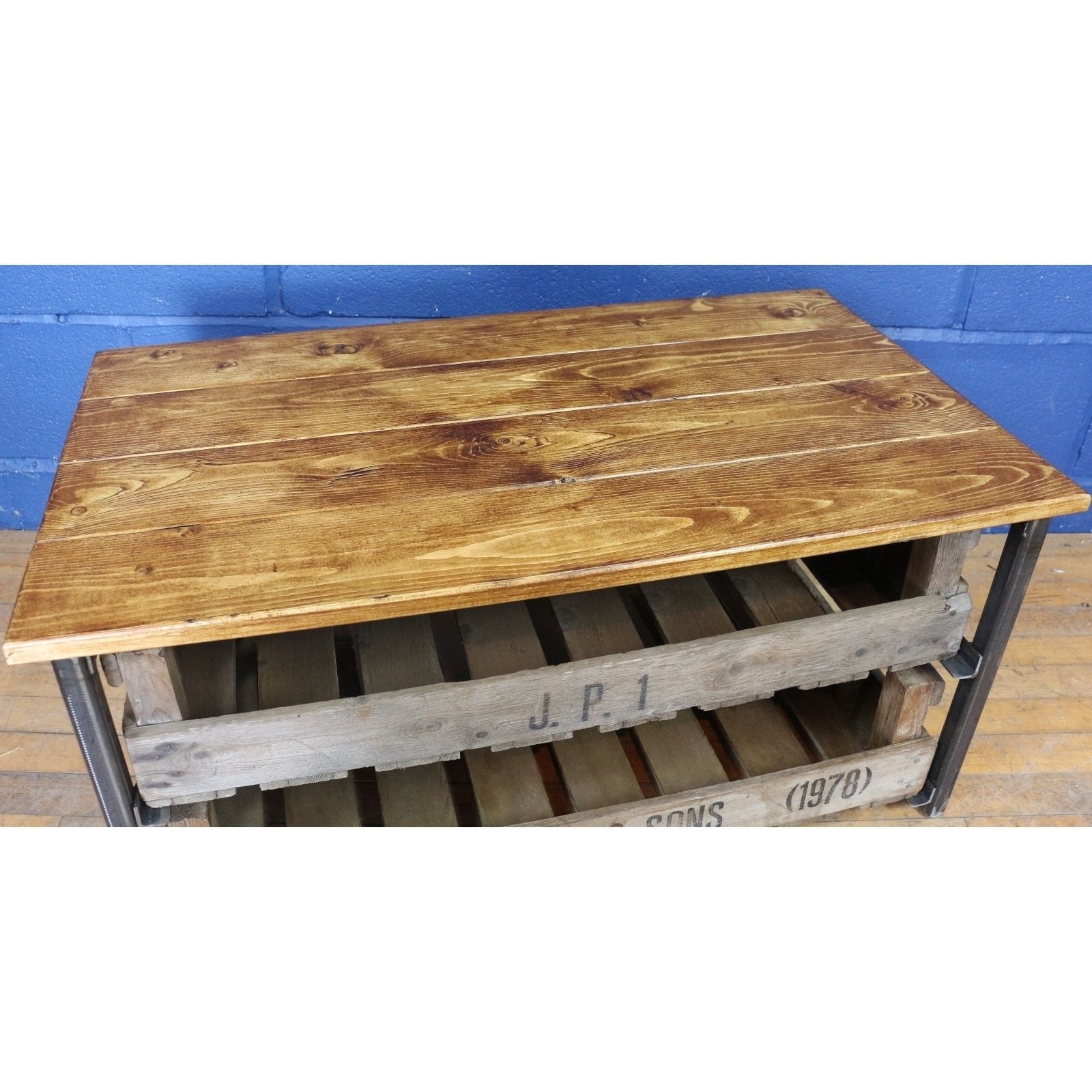 An Industrial Two Drawer Coffee Table, Shoe Rack, Set With Potato Chitting Trays photo furniture
