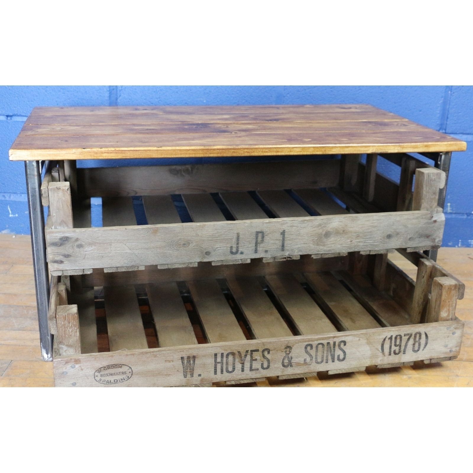 An Industrial Two Drawer Coffee Table, Shoe Rack, Set With Potato Chitting Trays photo 175.0