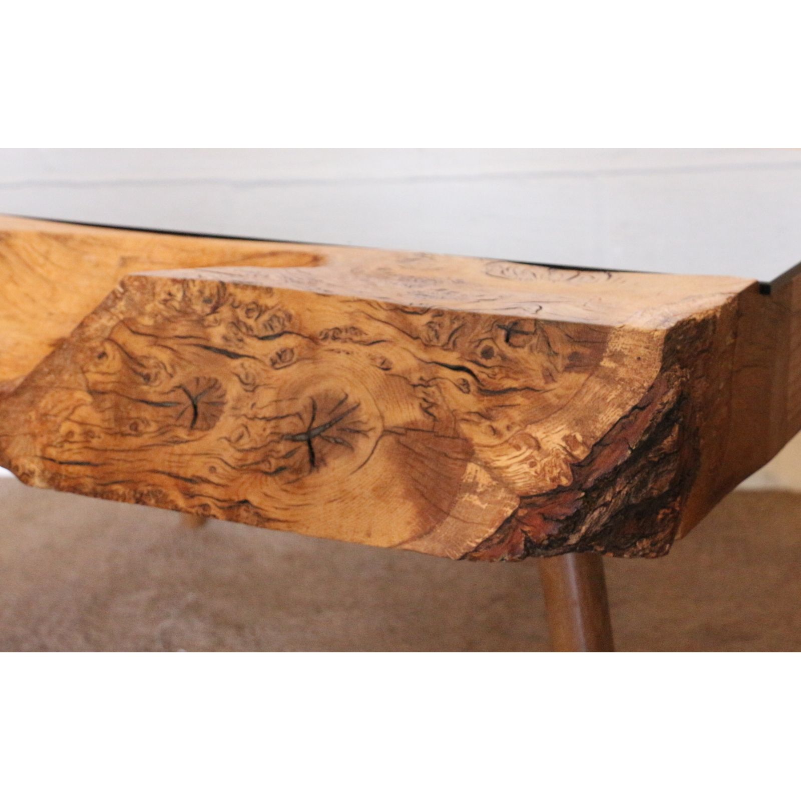 A Bur Wood & Smoked Glass Coffee Table Raised On Angled Tapering Supports photo Furniture