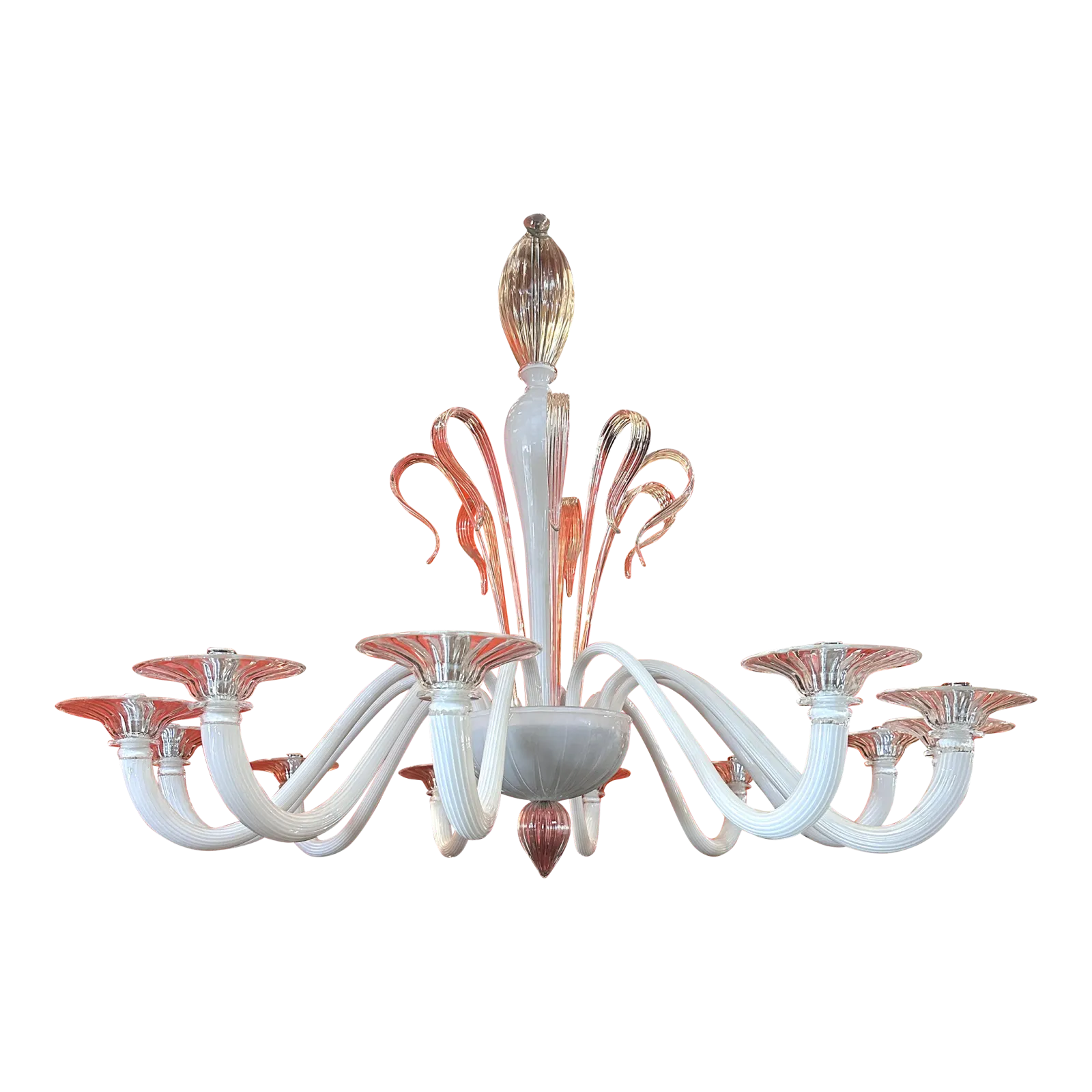 Contemporary White With Transparent Leaves Murano Glass Chandelier
