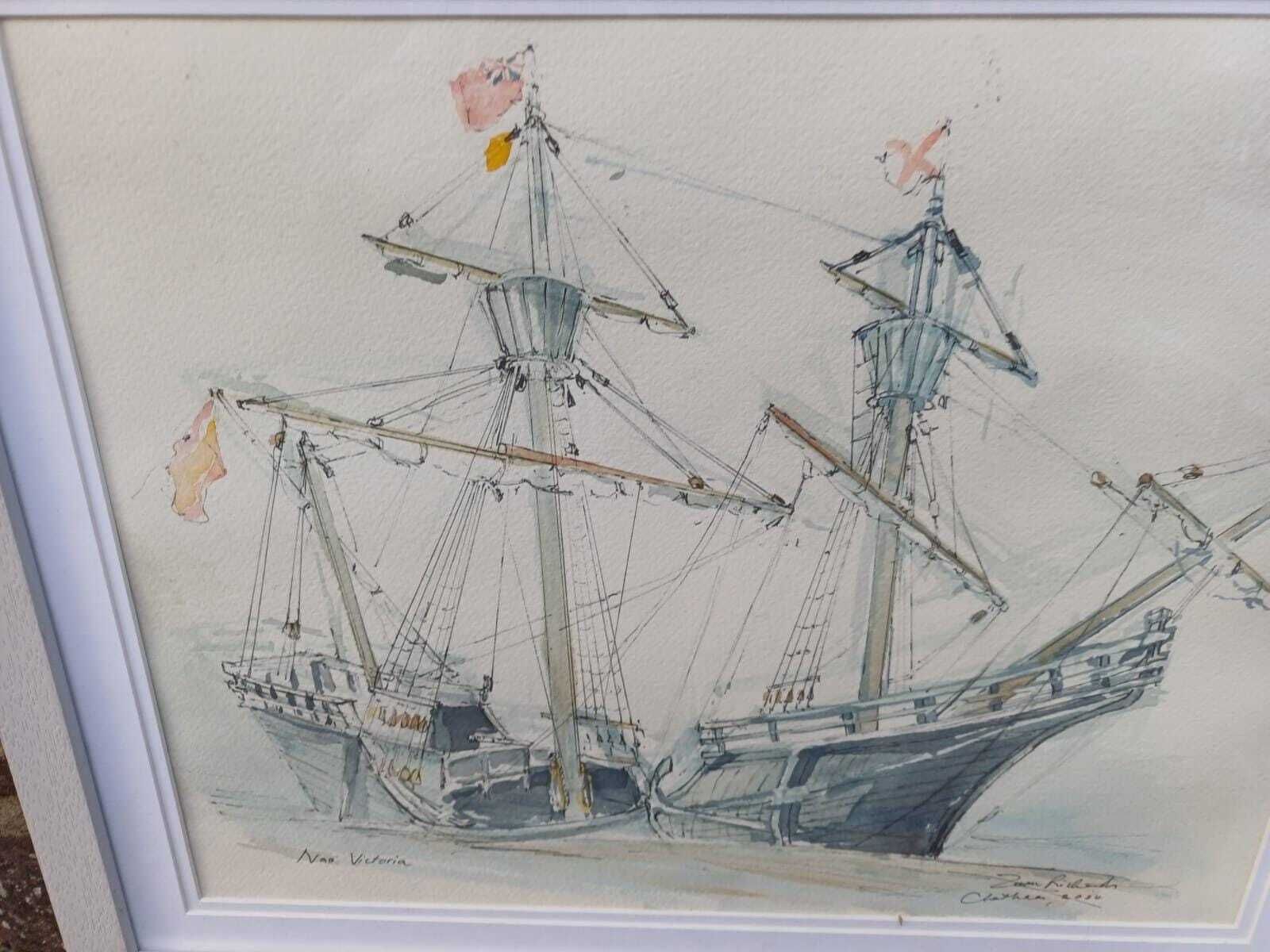 Original Nautical Ship Watercolour, “Nao Victoria” Chatham, Signed Maritime Painting By Z Richards, Historic Sailing Vessel In White Frame photo furniture