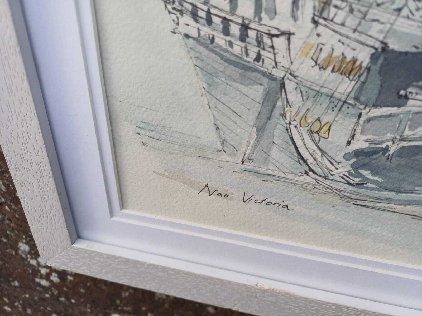 Original Nautical Ship Watercolour, “Nao Victoria” Chatham, Signed Maritime Painting By Z Richards, Historic Sailing Vessel In White Frame photo Art