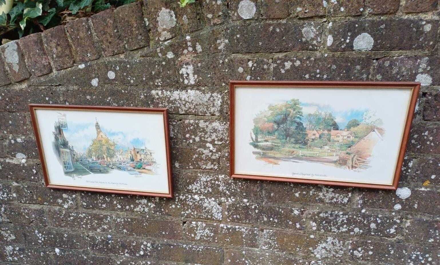 Cotswolds Vintage Prints, Framed, Upper Slaughter And Moreton On The Marsh   Vintage Paintings By Eric Mason, 1970s Paintings