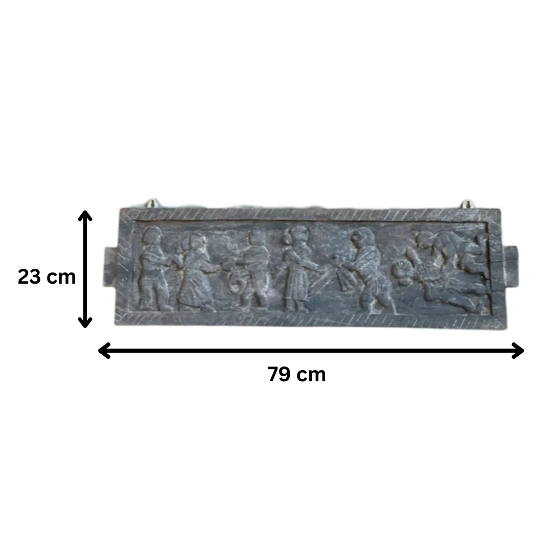 Antique Indian Hand Carved Teakwood Wall Decor – Early 1900s Tribal Relief Art Depicting Communal Village Life photo Art