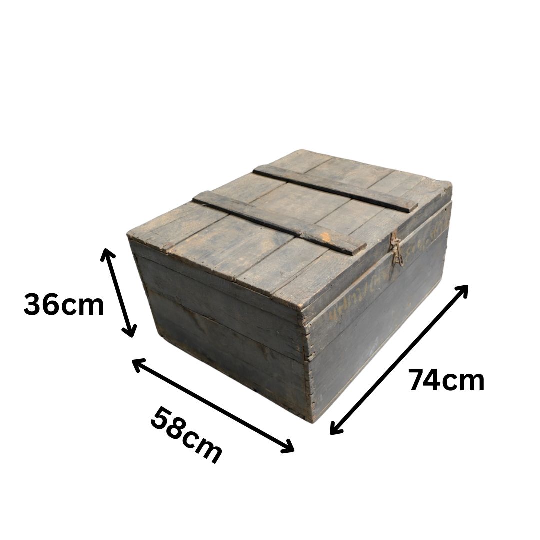 Antique 1950s Indian Steamer Trunk | Wooden Travel Chest From Gujarat With Iron Hardware & Faded Painted Markings photo for sale