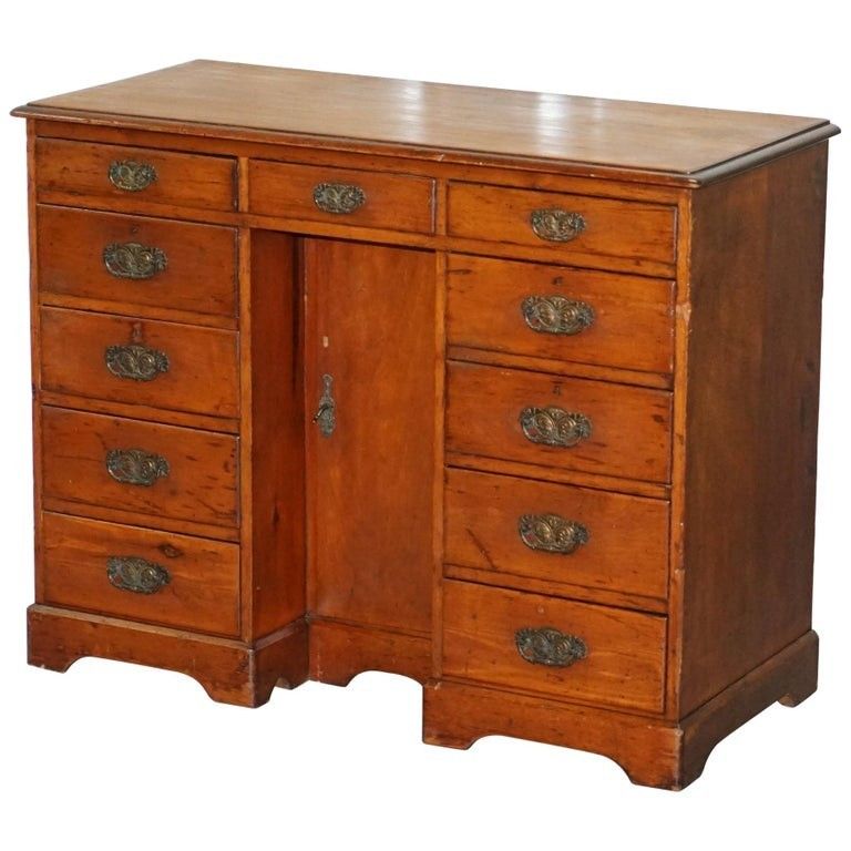 Small Victorian 1880 Solid Walnut Knee Hole Writing Desk Lots Of Drawers Storage