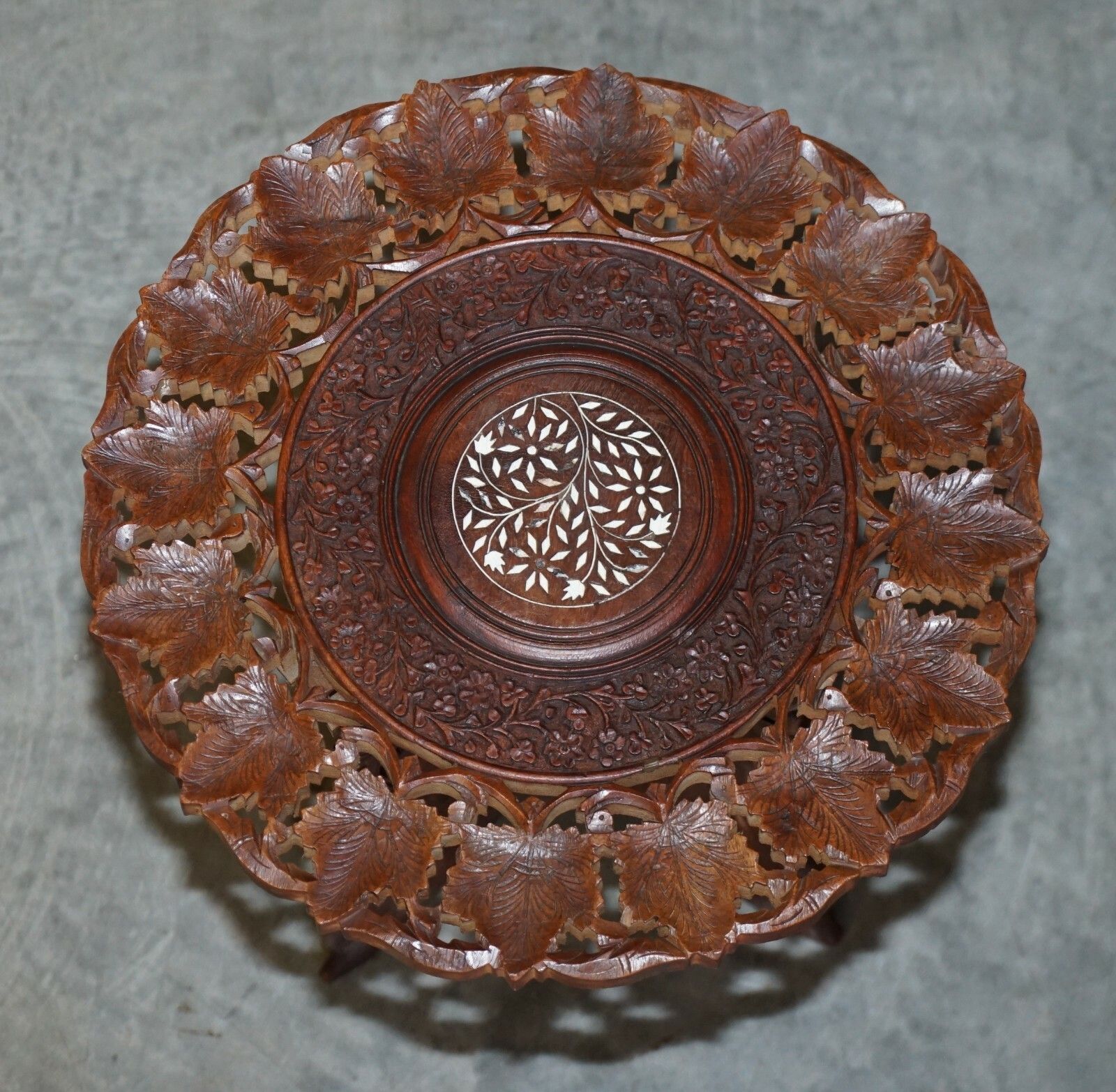 Hand Carved Burmese Rosewood Antique Octagonal Side End Lamp Wine Folding Table photo for sale