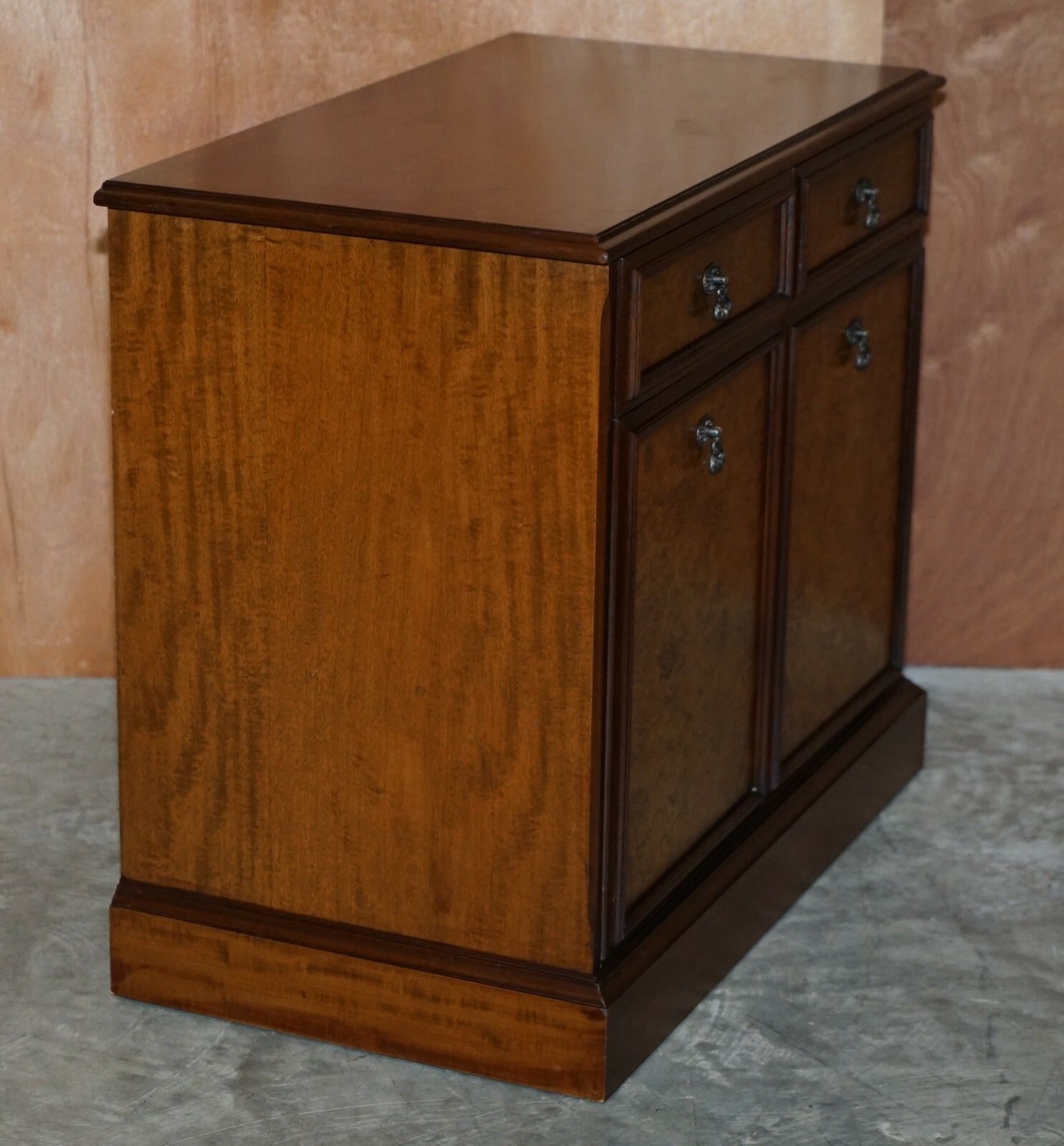 850.0 Lovely Burr & Quarter Cut Walnut Sideboard With Twin Drawers & Cupboard Base photo