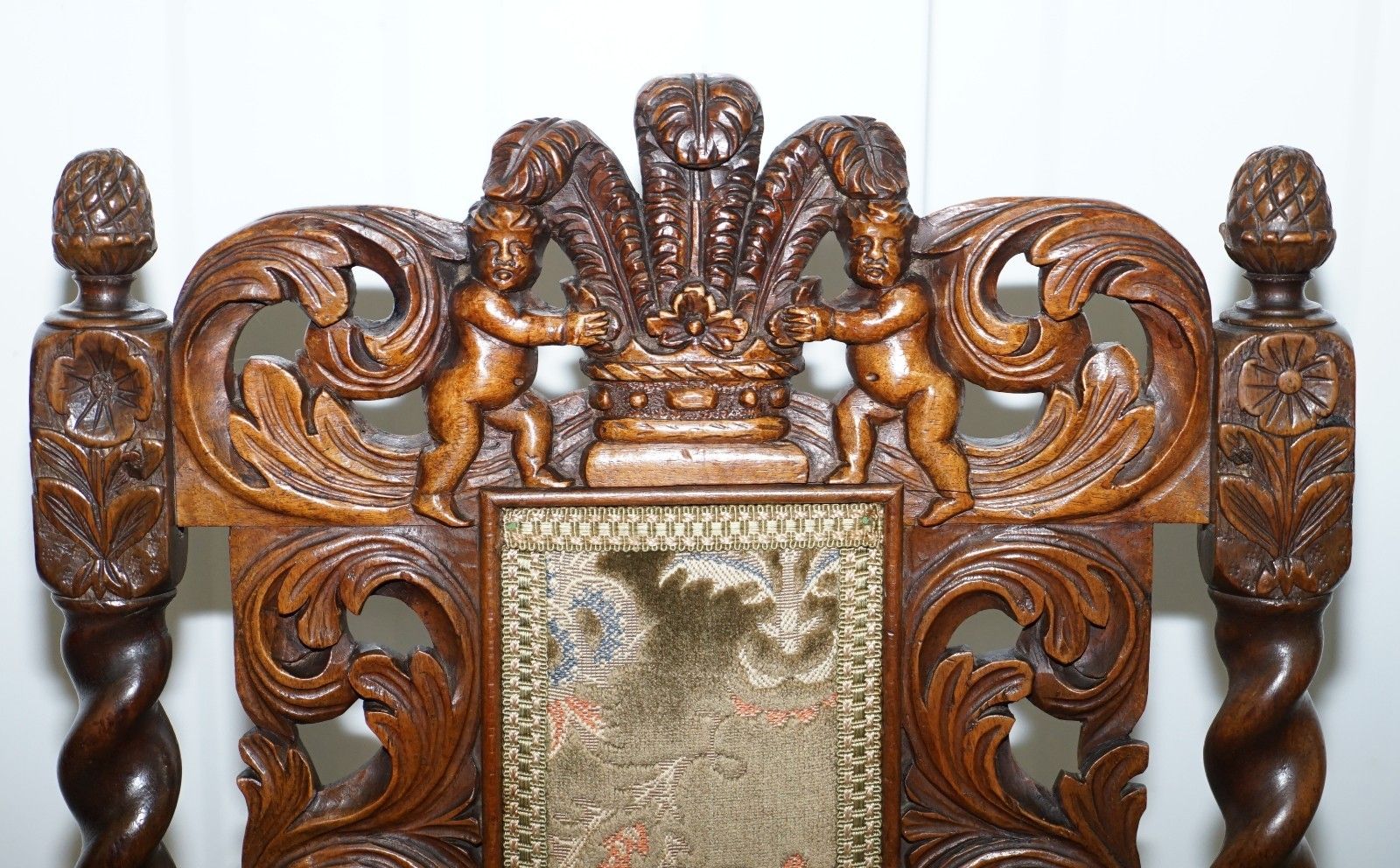 Very Rare Pair Of 18th Century Fruitwood Heavily Carved Chair Cherubs Crown photo 800.0
