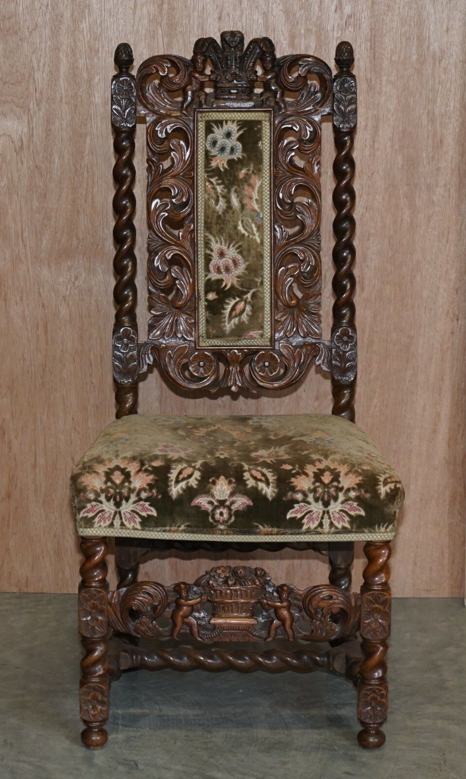 Furniture Very Rare Pair Of 18th Century Fruitwood Heavily Carved Chair Cherubs Crown photo