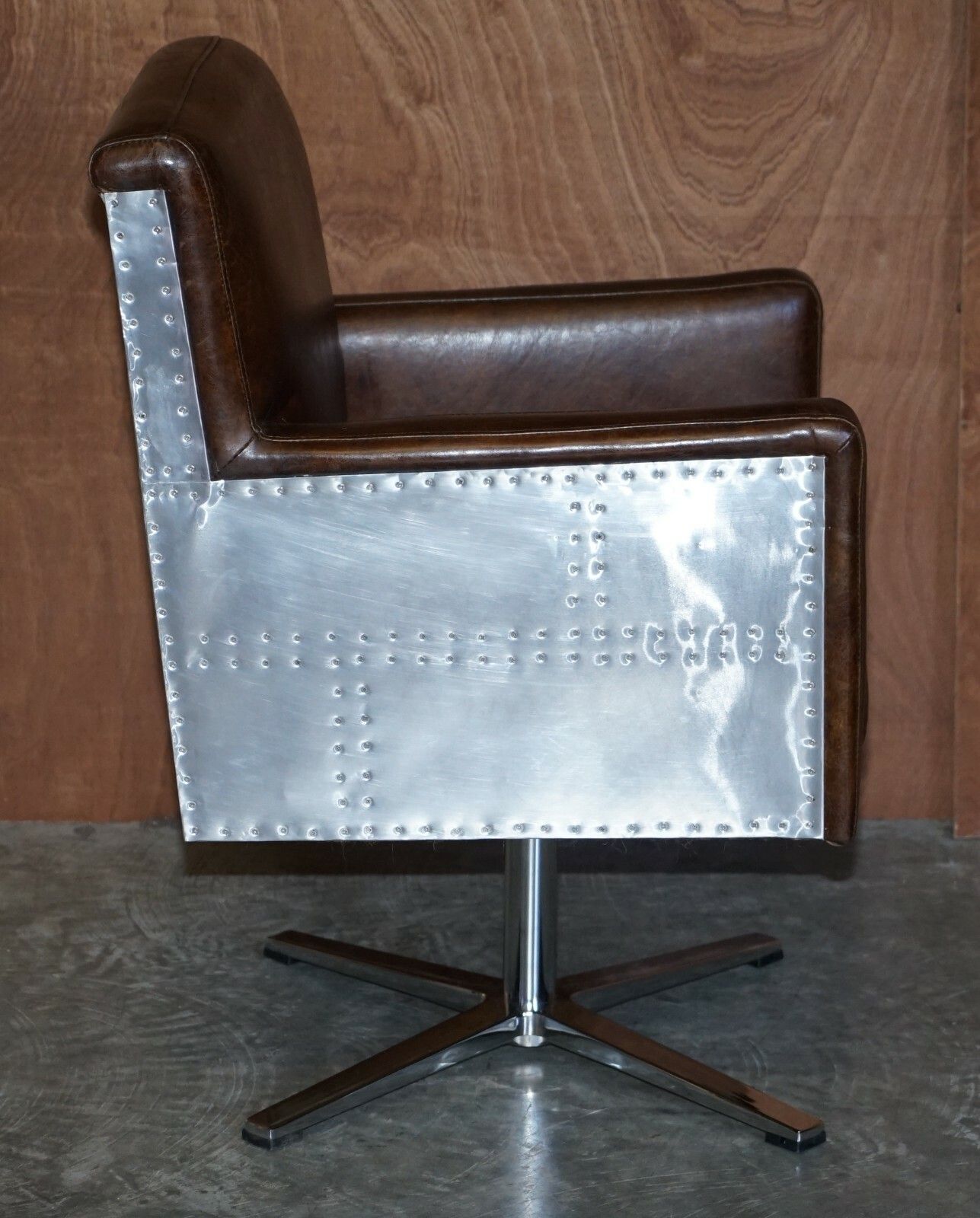 photo for sale 1 Of 2 Hand Dyed Brown Leather Aviator Hammered Metal Swivel Captains Armchairs