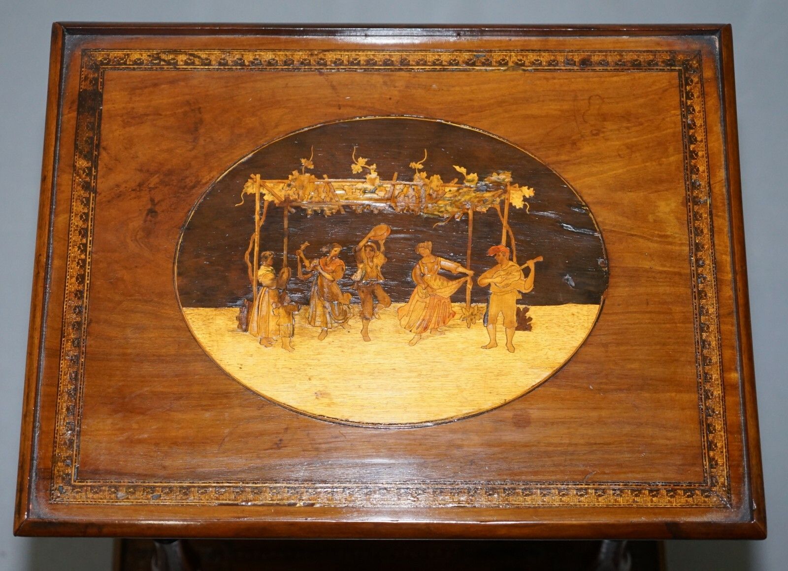 Rare 19th Century Italian Side Lamp Table Marquetry Inlaid Dancers To The Top photo for sale