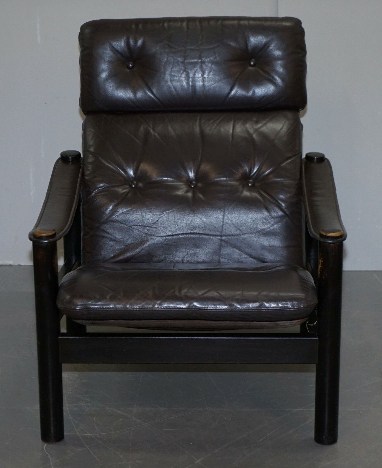 Lovely Danish Brown Leather Mid Century Modern Armchair & Chesterfield Footstool photo for sale