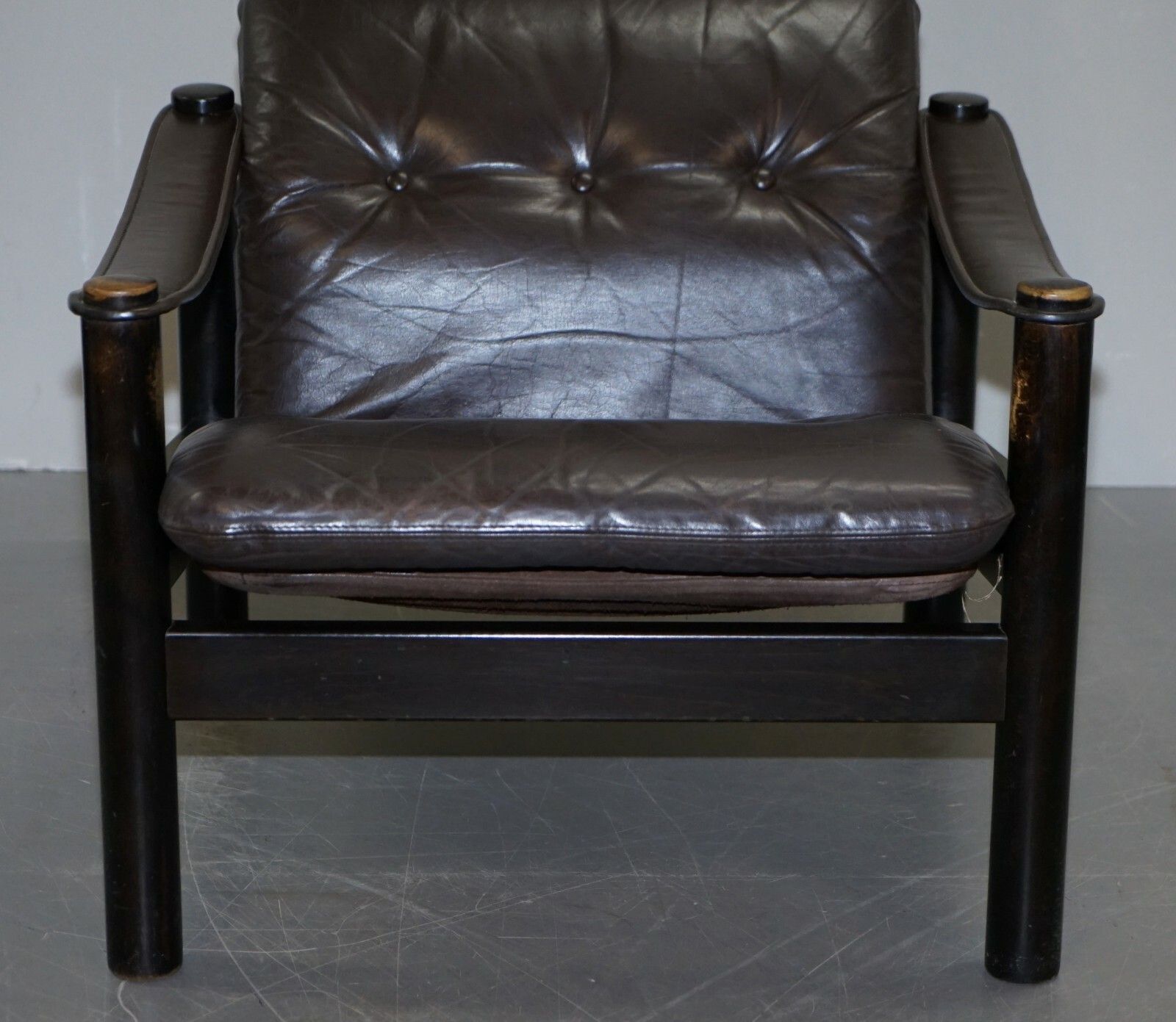 Lovely Danish Brown Leather Mid Century Modern Armchair & Chesterfield Footstool photo vintage