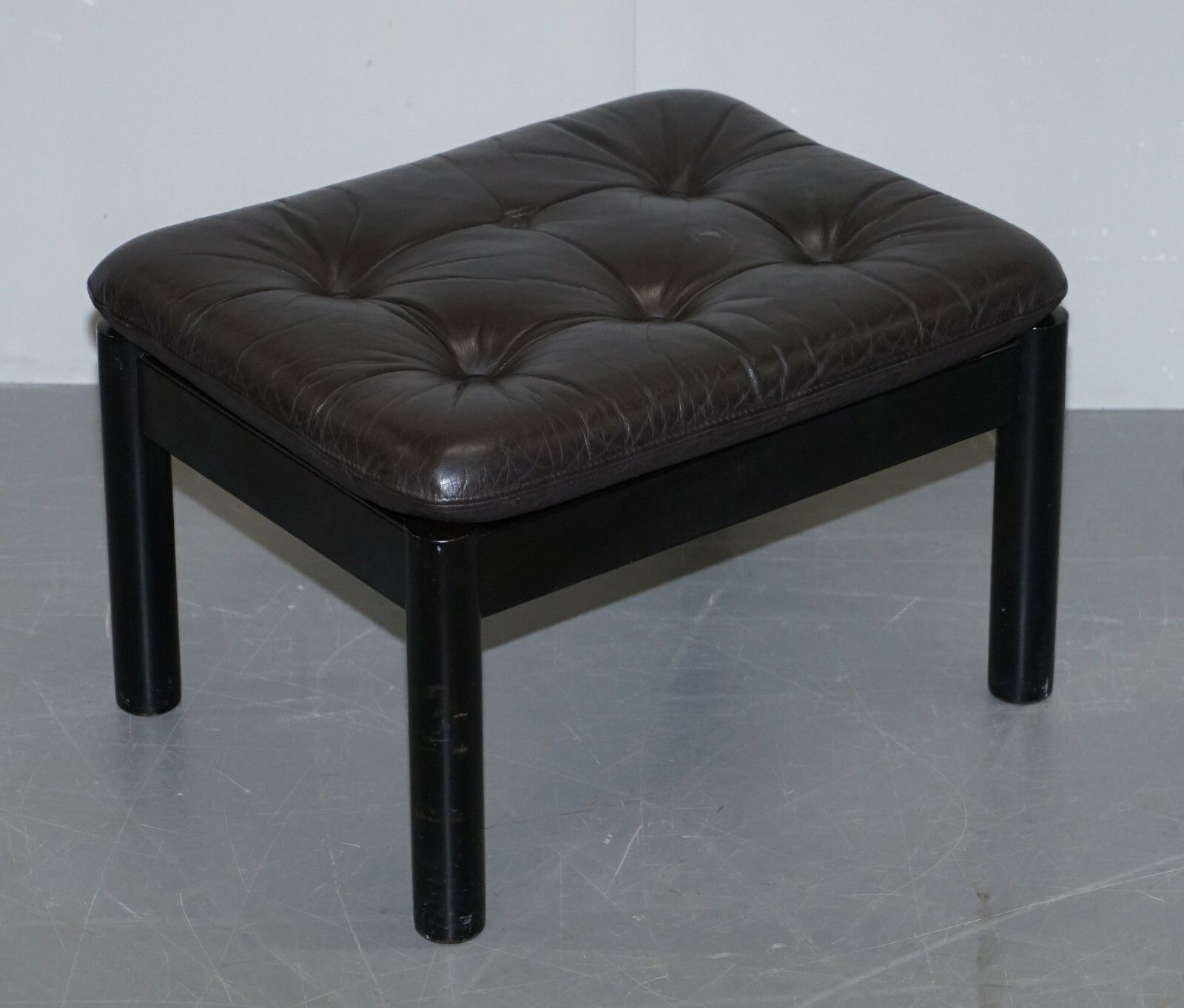 photo for sale Lovely Danish Brown Leather Mid Century Modern Armchair & Chesterfield Footstool